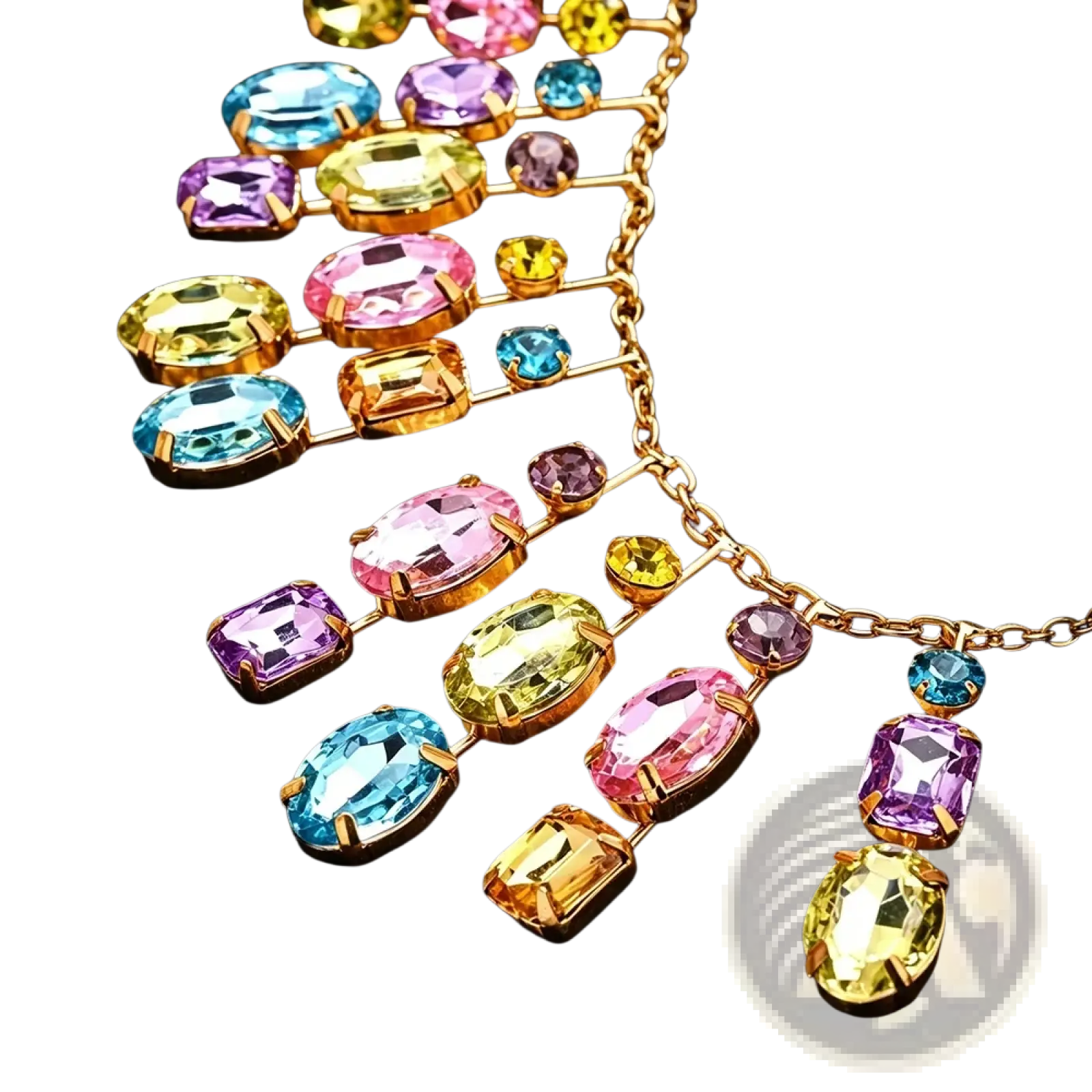 A vibrant rainbow crystal tassel choker necklace with multi-strand gold-toned chains and colorful oval and rectangular gemstones