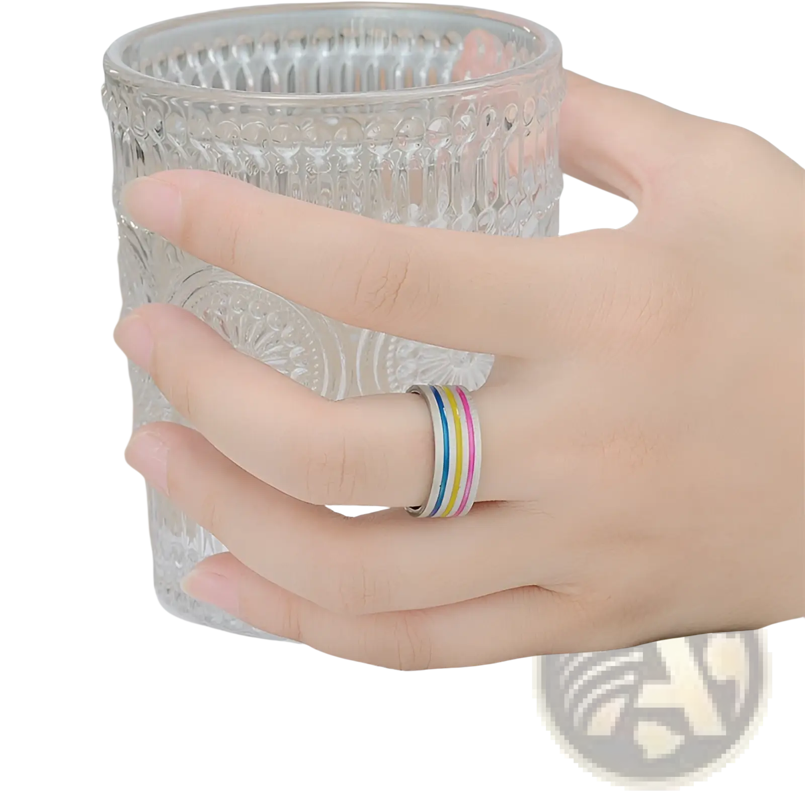 A colorful striped rainbow enamel inlay stainless steel unisex band ring worn on a finger
