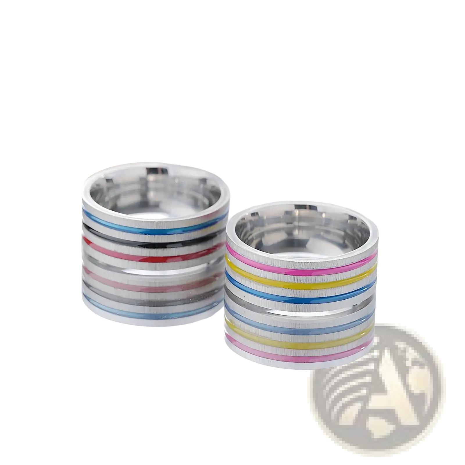 Two stacked stainless steel unisex band rings with colorful blue pink yellow and red enamel stripes