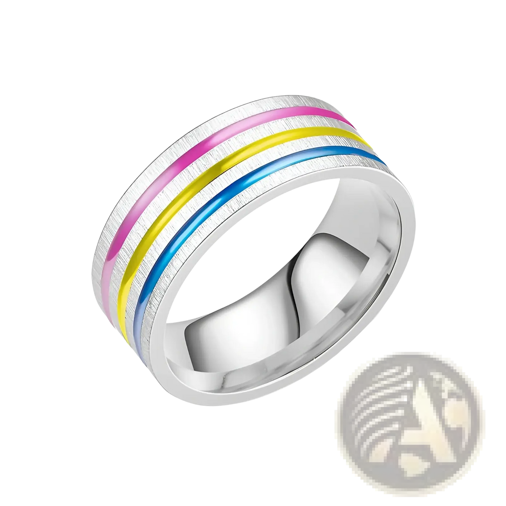 A sleek silver-toned stainless steel unisex band ring with brushed finish and rainbow enamel inlay stripes