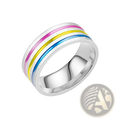 A sleek silver-toned stainless steel unisex band ring with brushed finish and rainbow enamel inlay stripes