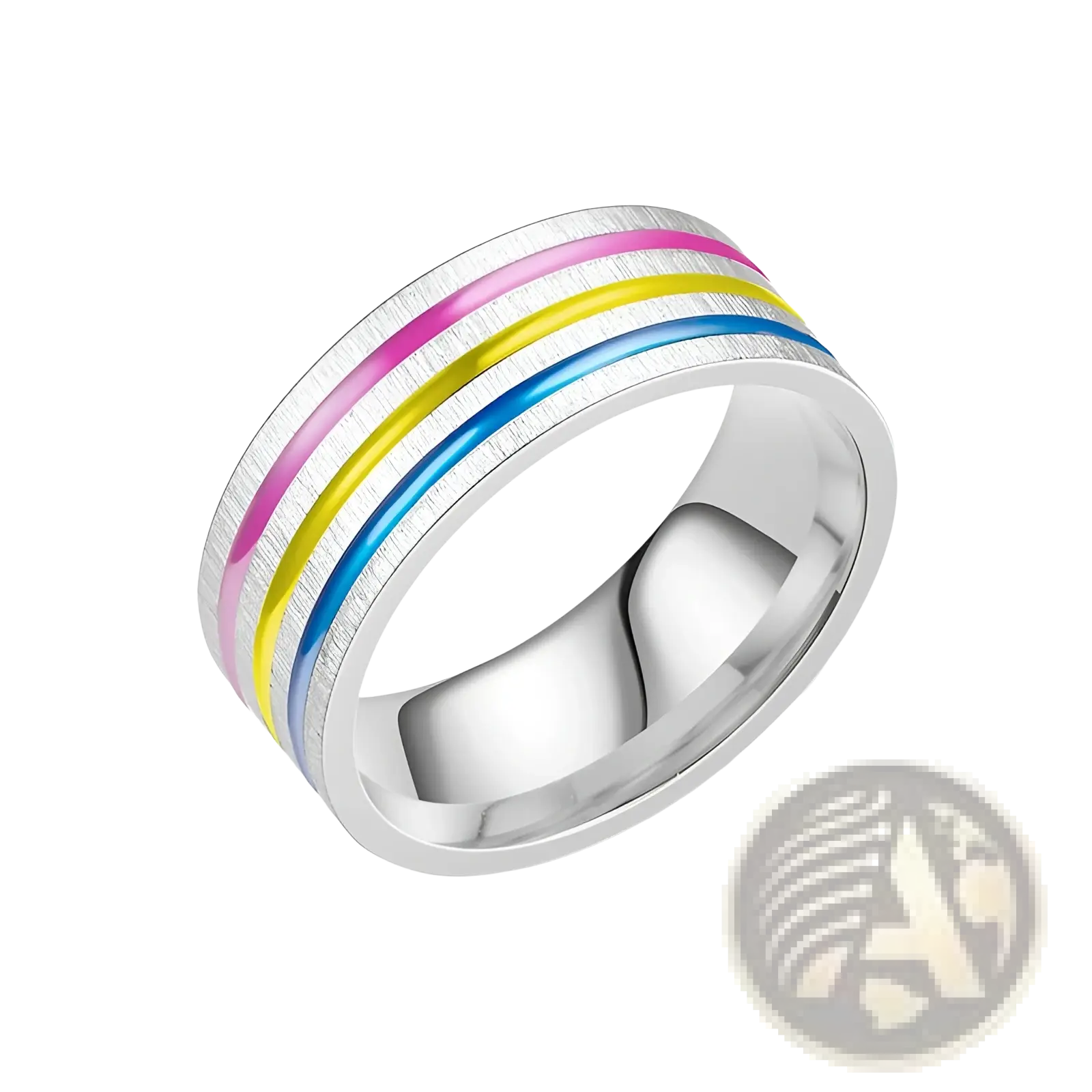 A sleek silver-toned stainless steel unisex band ring with brushed finish and rainbow enamel inlay stripes