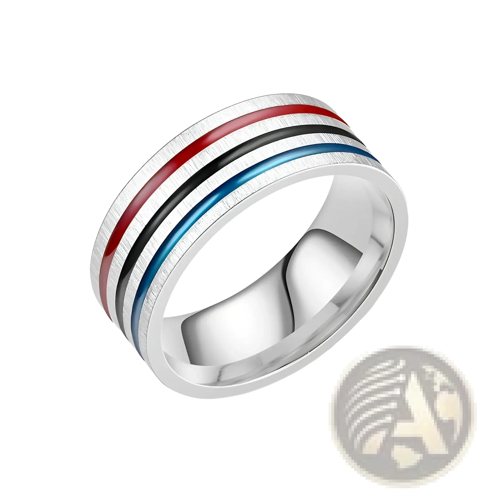 Silver-toned stainless steel unisex band ring with three parallel red black and blue enamel inlaid stripes