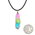 Rainbow geometric crystal wire wrapped pendant necklace with rainbow gradient crystal from pink to blue on black cord