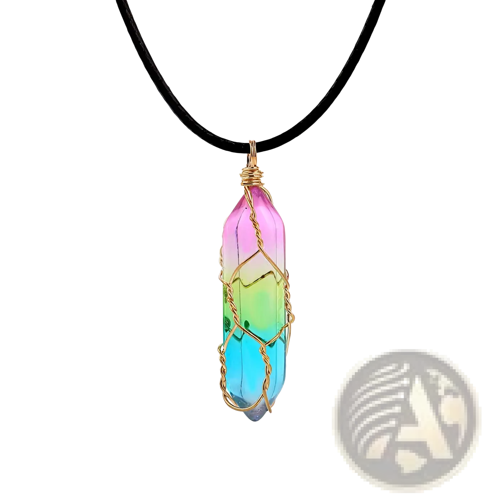 Rainbow geometric crystal wire wrapped pendant necklace with rainbow gradient crystal from pink to blue on black cord