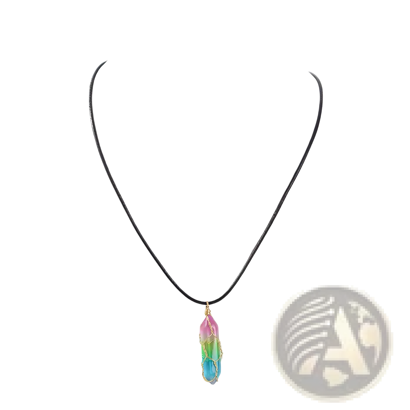 A vibrant rainbow-colored crystal pendant necklace with gold-toned wire wrap hangs from a black cord