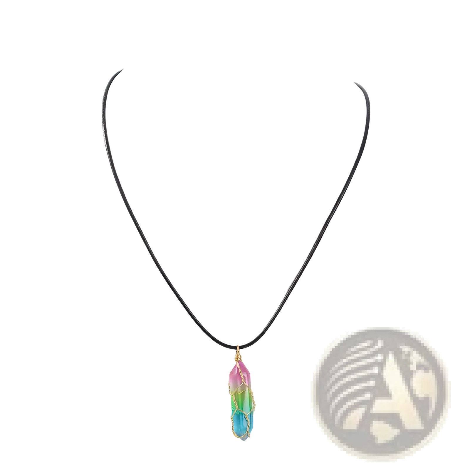 Rainbow geometric crystal wire wrapped pendant necklace featuring a rainbow-colored resin crystal on black cord