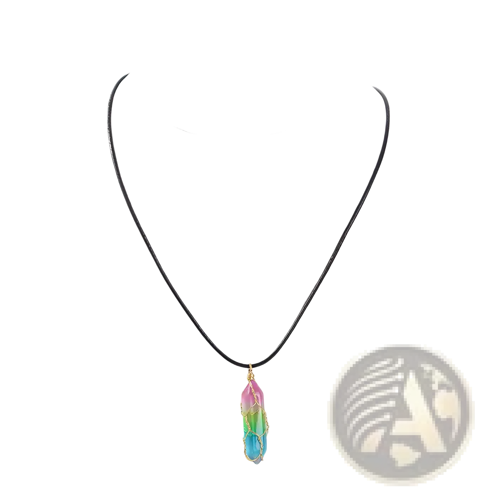 Rainbow geometric crystal pendant necklace featuring a rainbow-colored resin crystal on a black cord