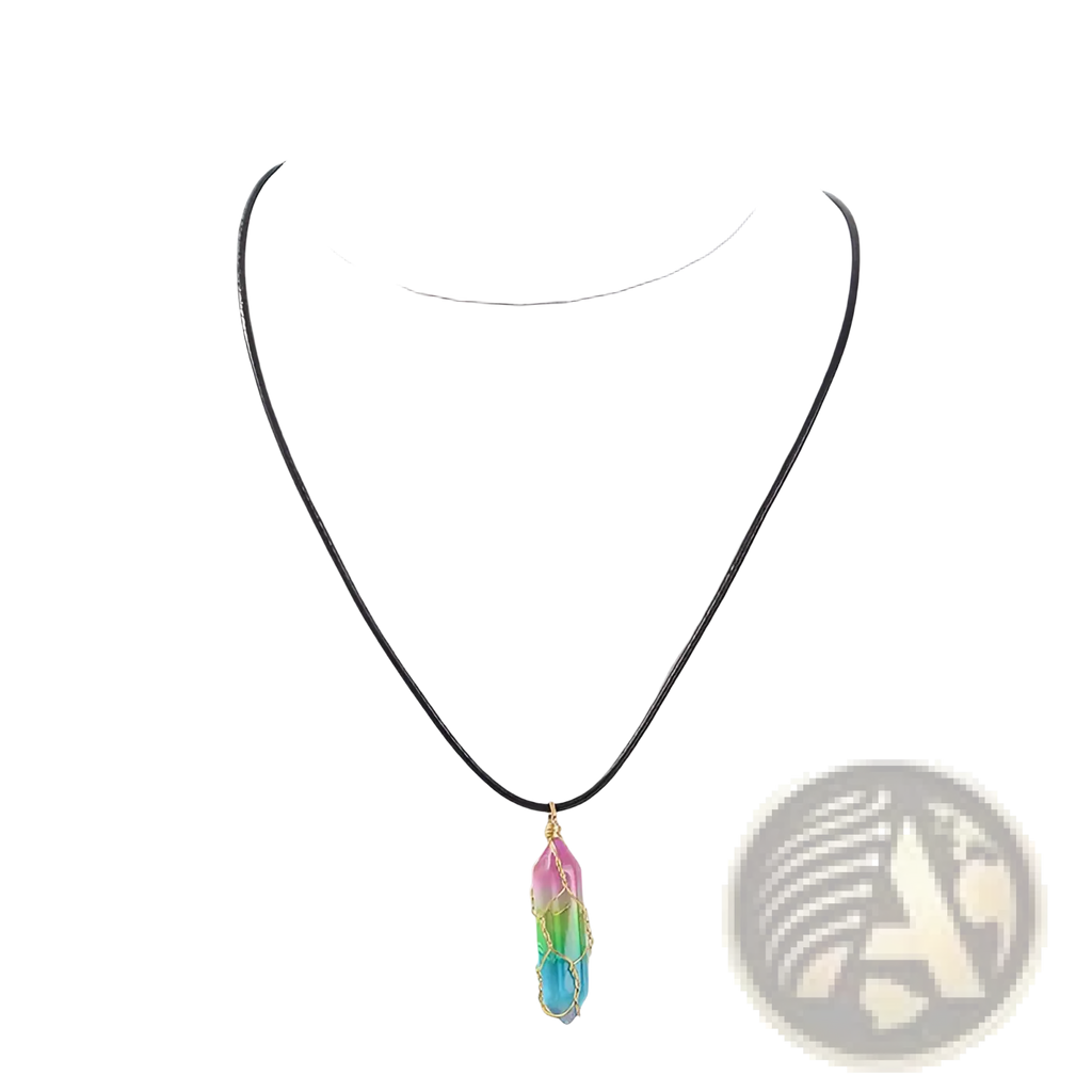 Rainbow geometric crystal wire wrapped pendant necklace featuring a pink to blue resin gradient and gold wire on black cord