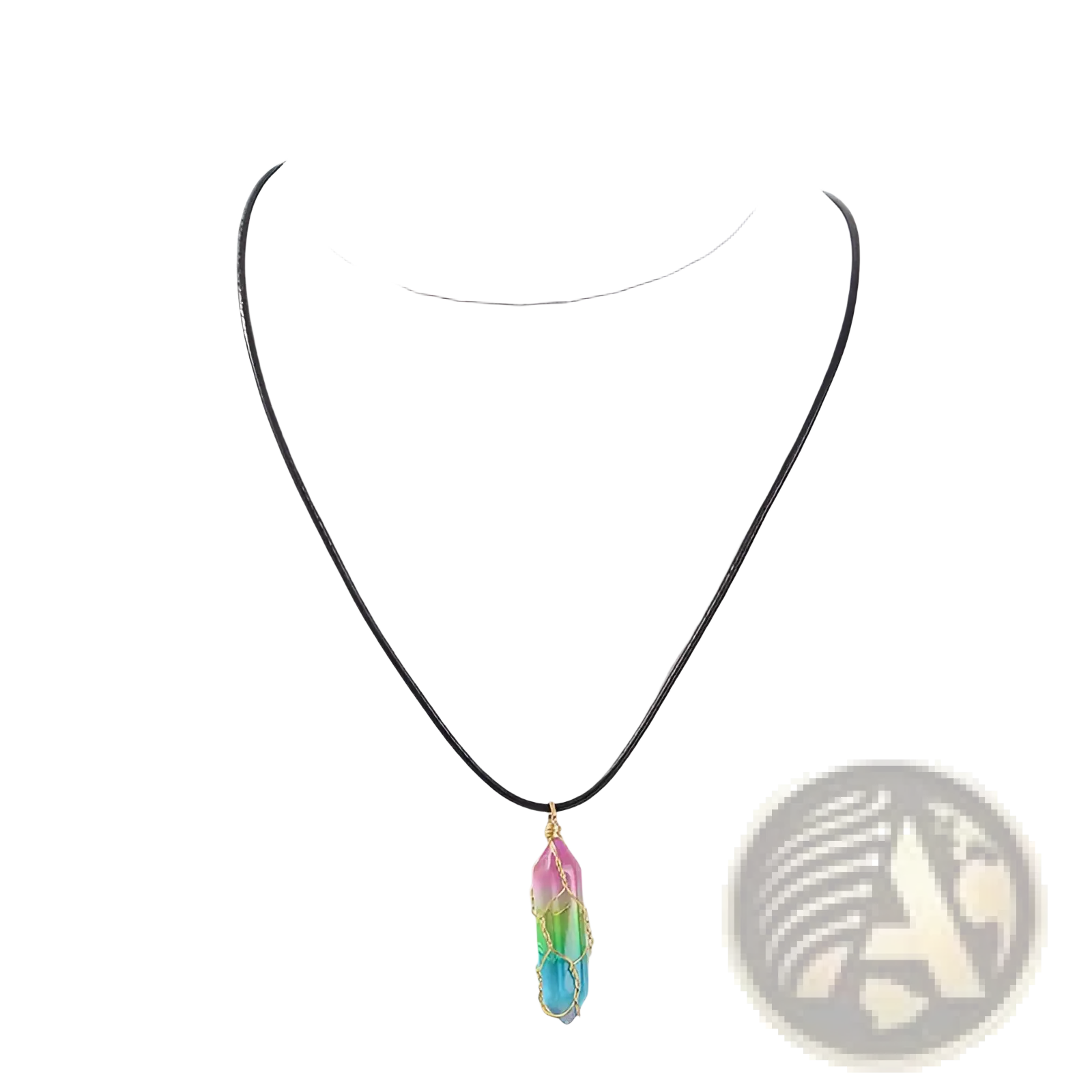 Rainbow geometric crystal wire wrapped pendant necklace featuring a pink to blue resin gradient and gold wire on black cord