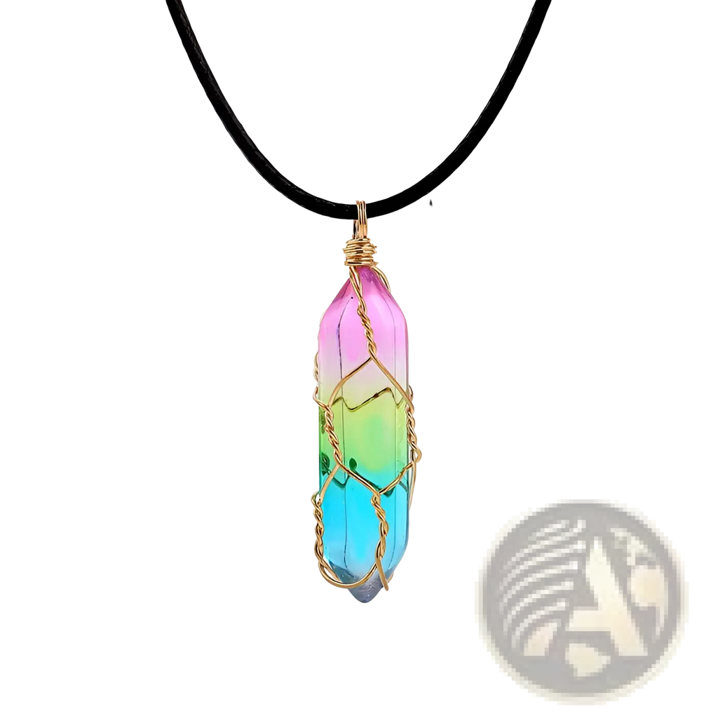 A rainbow geometric crystal pendant necklace with a vibrant multicolor crystal wrapped in gold wire on a black cord
