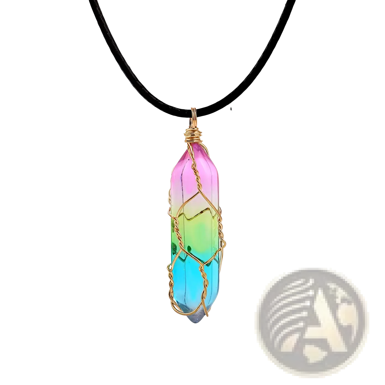 A rainbow geometric crystal pendant necklace with a vibrant multicolor crystal wrapped in gold wire on a black cord