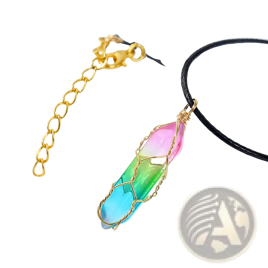 A vibrant rainbow-colored crystal wire wrapped pendant necklace with gold design on a black cord and gold chain