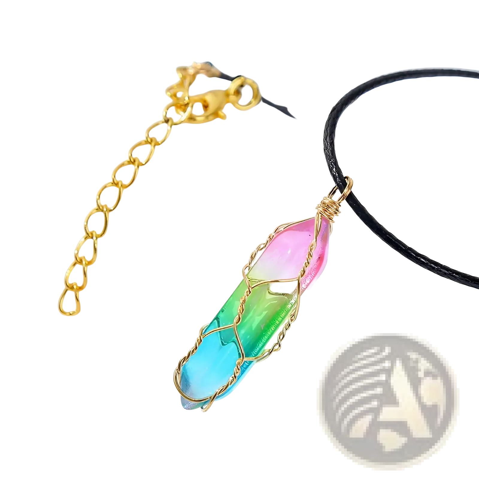 A vibrant rainbow-colored crystal wire wrapped pendant necklace with gold design on a black cord and gold chain