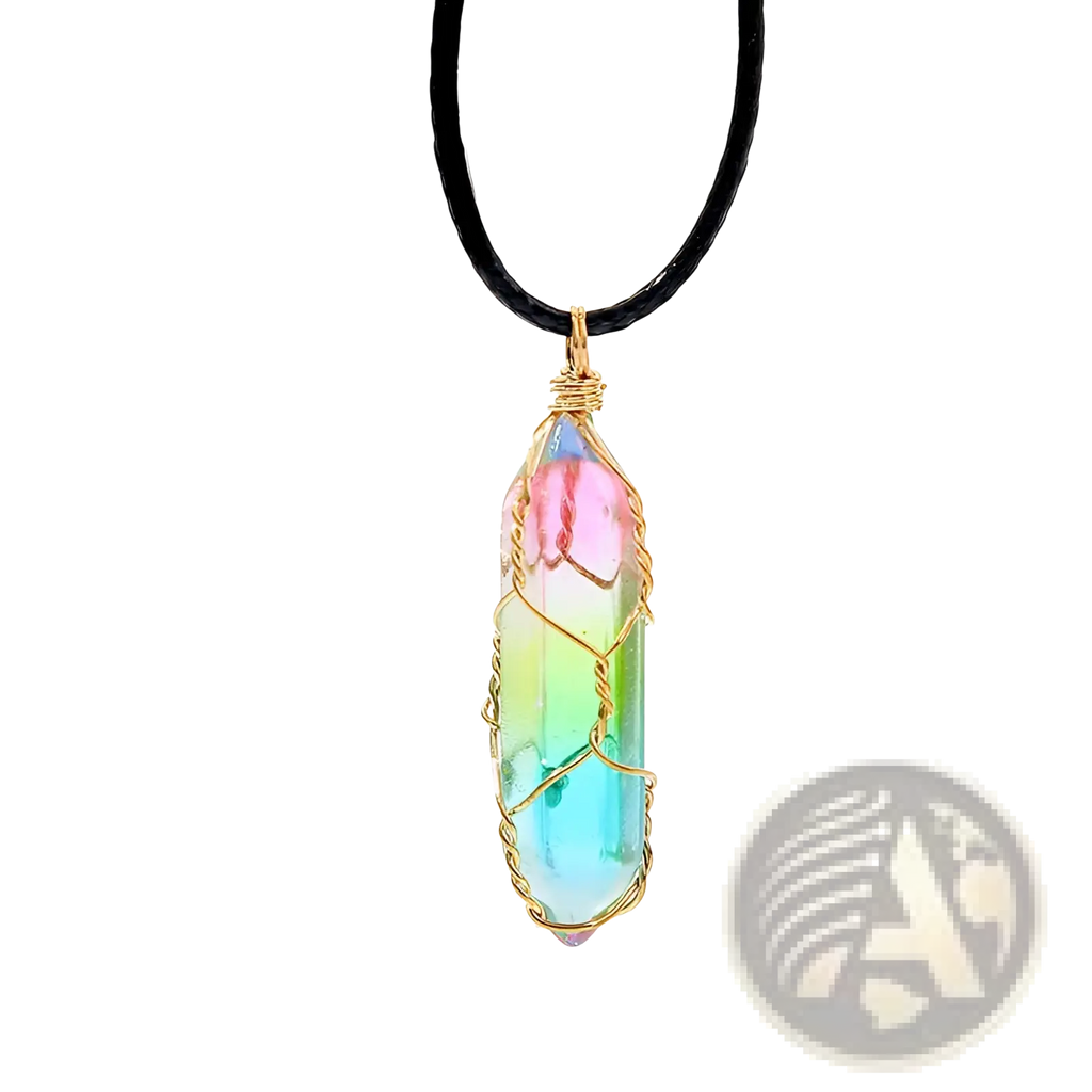 Rainbow geometric crystal pendant necklace featuring a rainbow-colored wire-wrapped crystal on a black cord