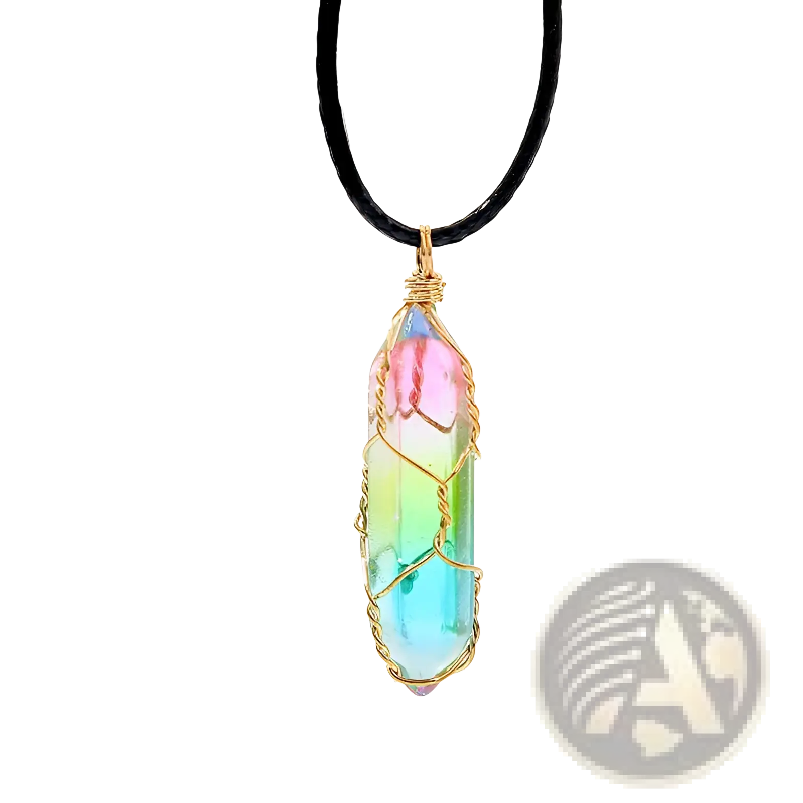 Rainbow geometric crystal pendant necklace featuring a rainbow-colored wire-wrapped crystal on a black cord