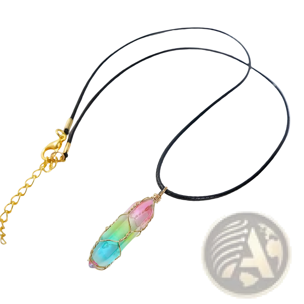 Rainbow geometric crystal wire wrapped pendant necklace with a rainbow wire design hanging from black cord and gold clasp