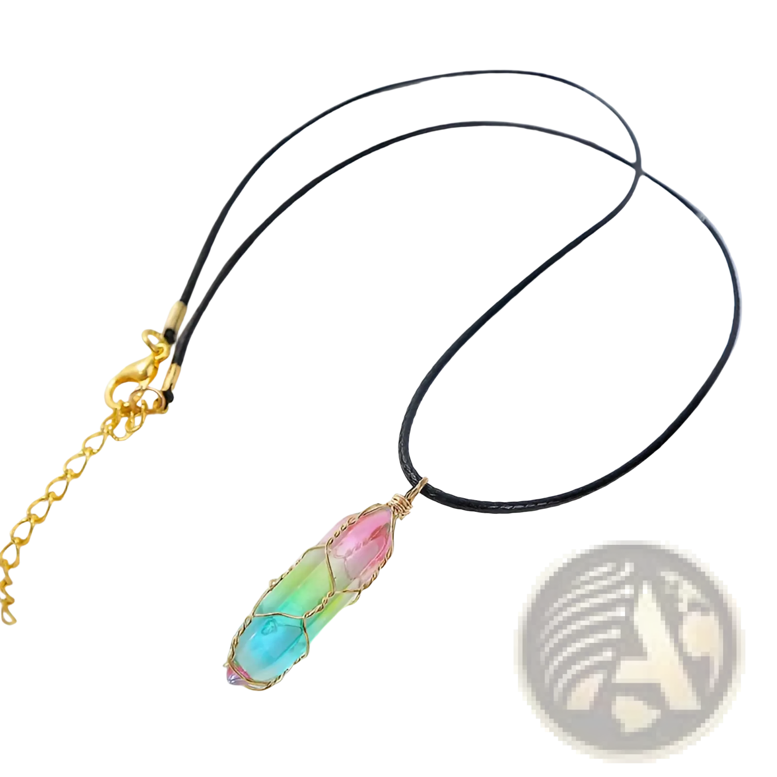 Rainbow geometric crystal wire wrapped pendant necklace with a rainbow wire design hanging from black cord and gold clasp