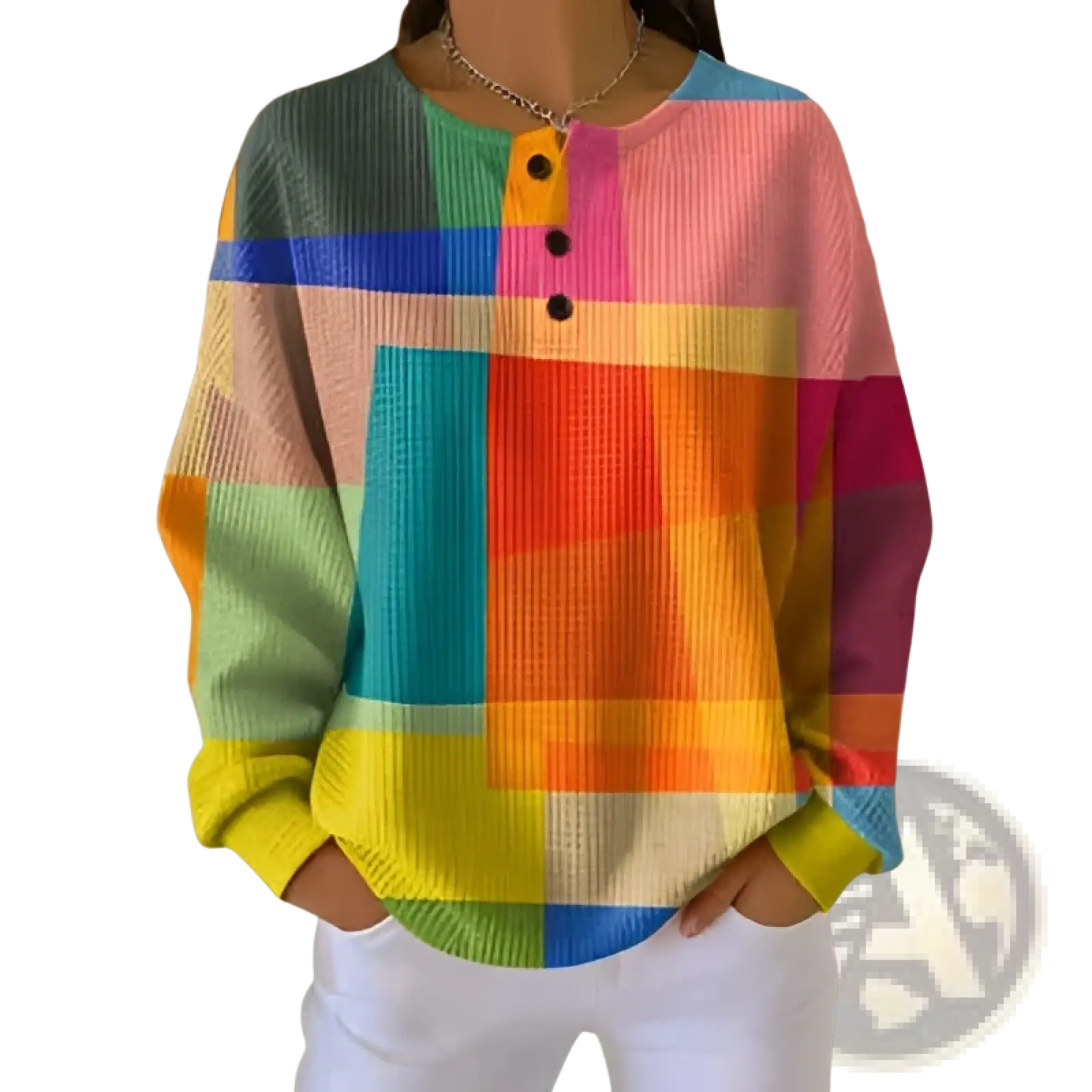 A vibrant long-sleeved rainbow geometric henley sweatshirt for women made of textured knit fabric
