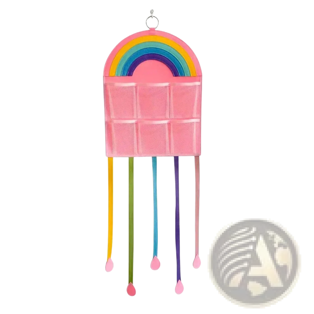 Pink rainbow-themed hair accessory hanging organizer with mesh pockets and colorful ribbon ties for easy storage