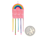 Pink rainbow-themed hair accessory hanging organizer with mesh pockets and colorful ribbon ties for easy storage