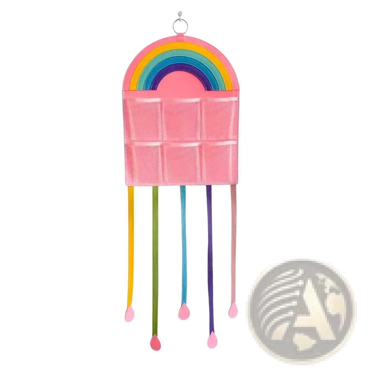 Pink rainbow-themed hair accessory hanging organizer with mesh pockets and colorful ribbon ties for easy storage