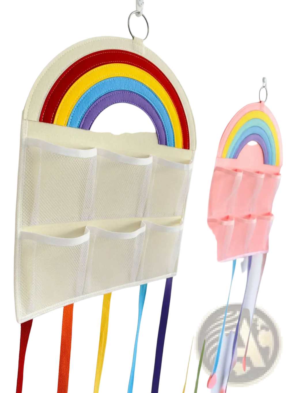 Rainbow hair accessory hanging organizer with colorful rainbow theme mesh pockets and matching ribbon tassels