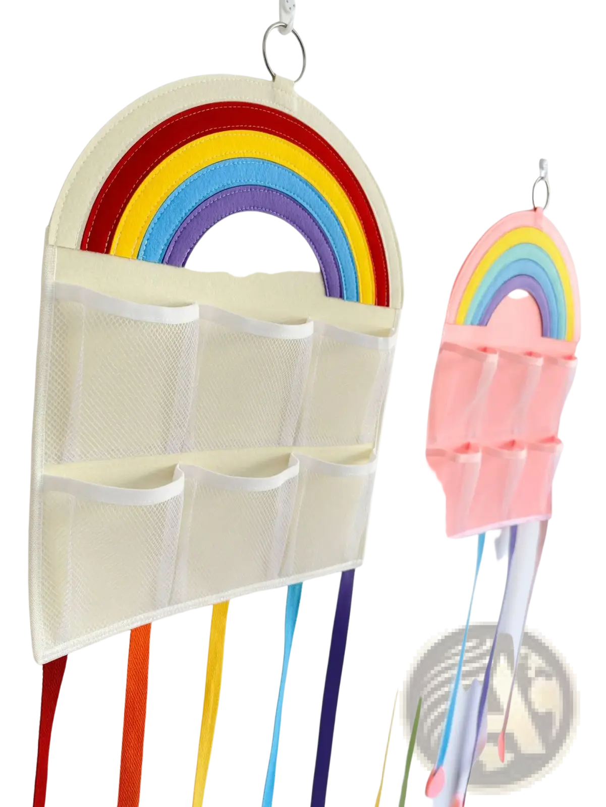 Rainbow hair accessory hanging organizer with colorful rainbow theme mesh pockets and matching ribbon tassels