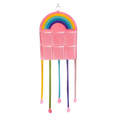 Pink rainbow-themed hair accessory hanging organizer with mesh pockets and colorful ribbon ties for easy storage