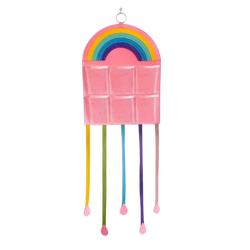 Pink rainbow-themed hair accessory hanging organizer with mesh pockets and colorful ribbon ties for easy storage