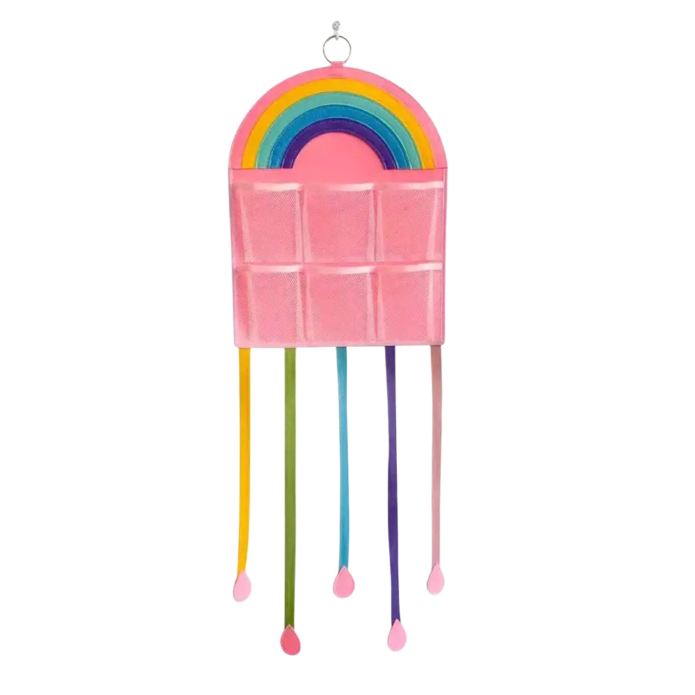 Pink rainbow-themed hair accessory hanging organizer with mesh pockets and colorful ribbon ties for easy storage