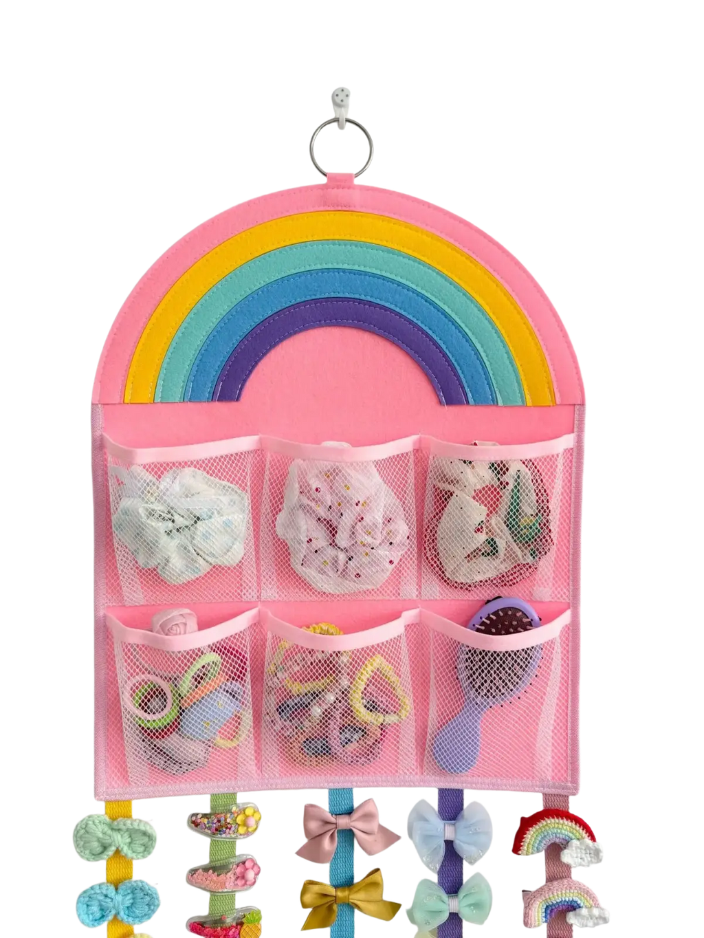 Pink rainbow hair accessory hanging organizer with mesh pockets and colorful crocheted bows for storage