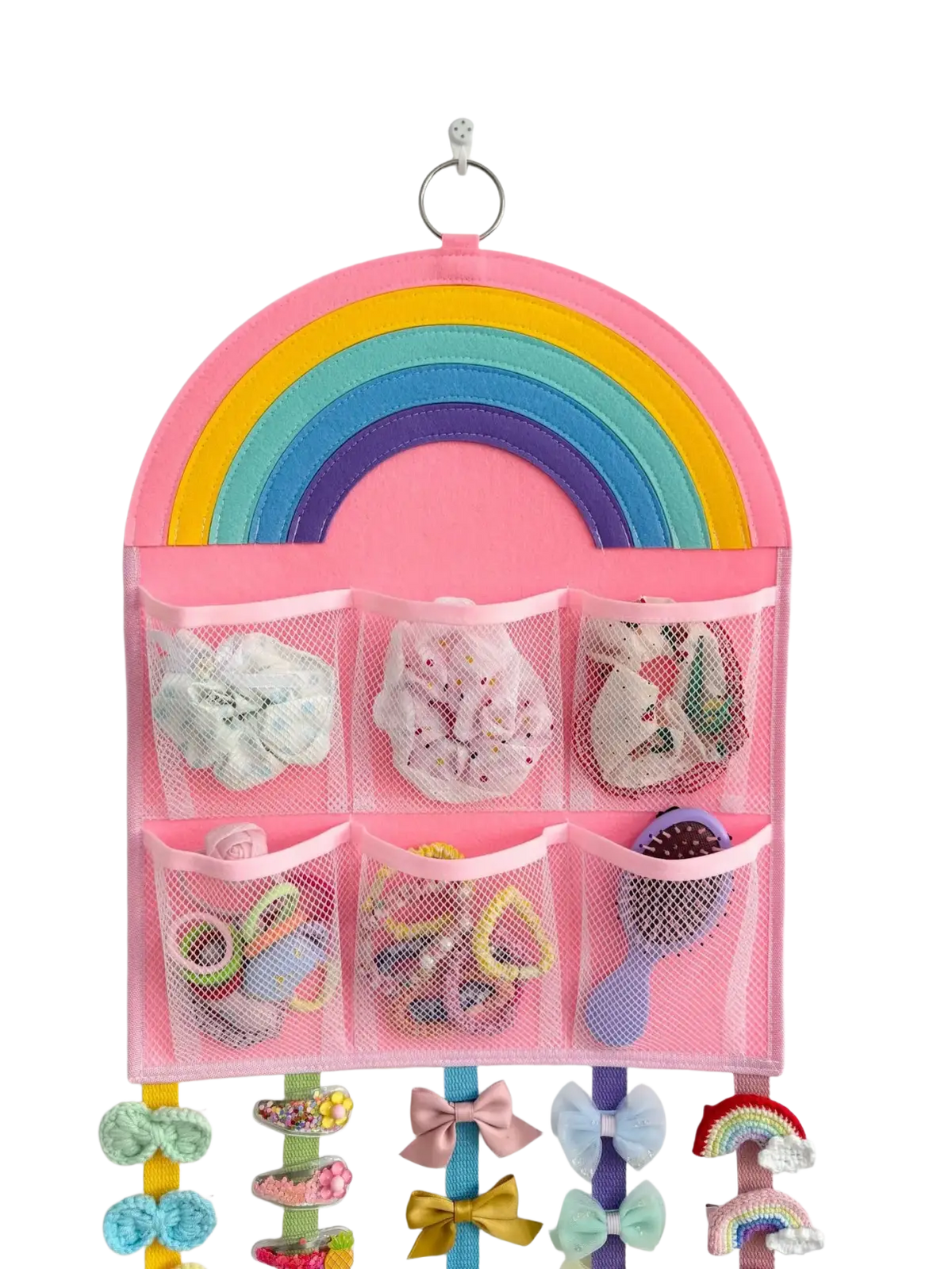 Pink rainbow hair accessory hanging organizer with mesh pockets and colorful crocheted bows for storage
