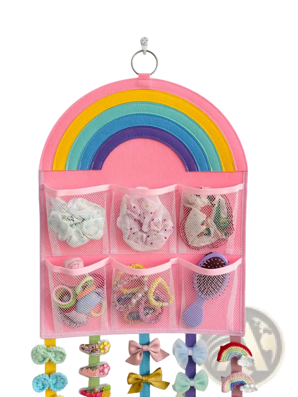 Pink rainbow hair accessory hanging organizer with mesh pockets and colorful crocheted bows for storage