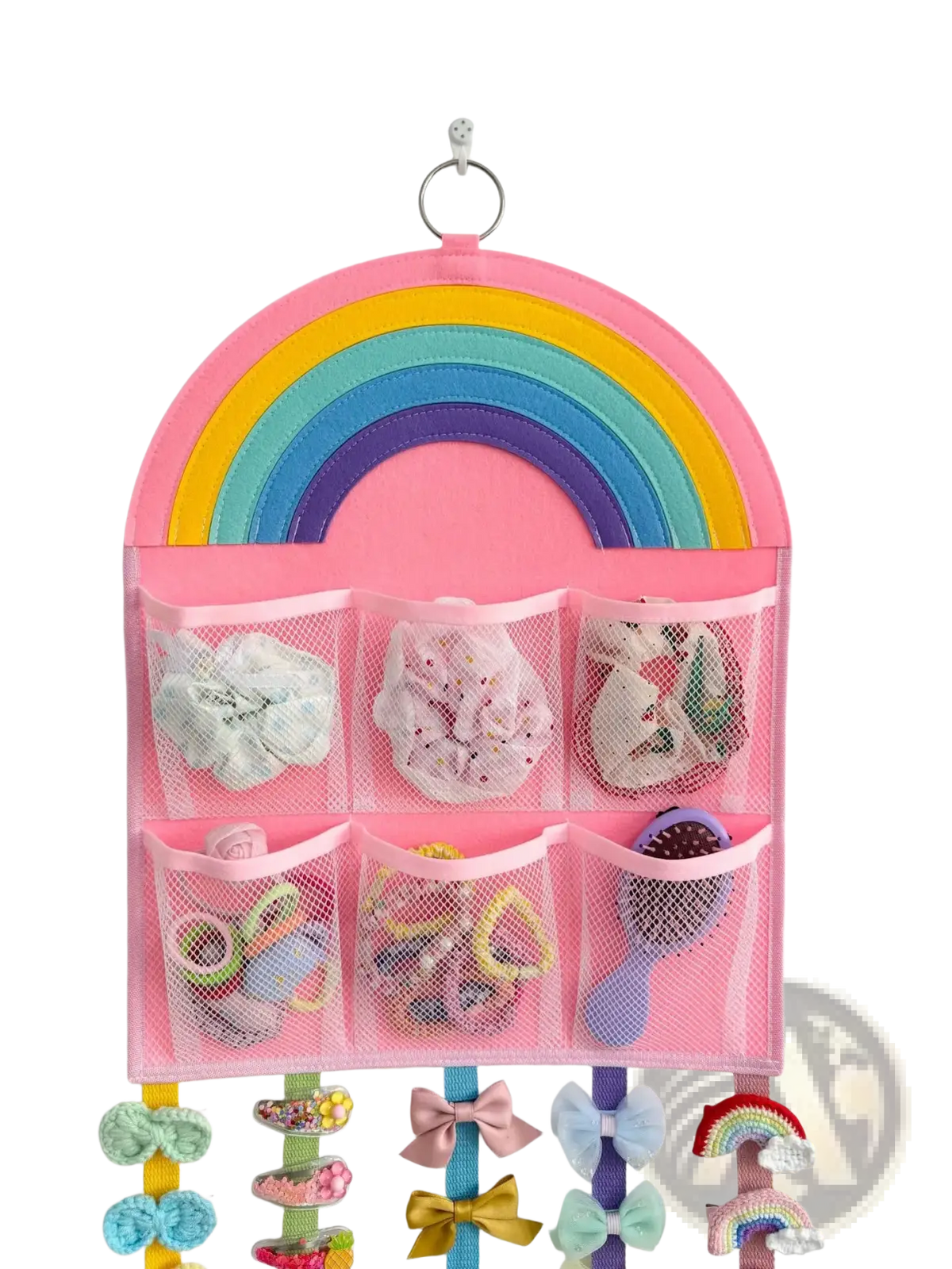 Pink rainbow hair accessory hanging organizer with mesh pockets and colorful crocheted bows for storage