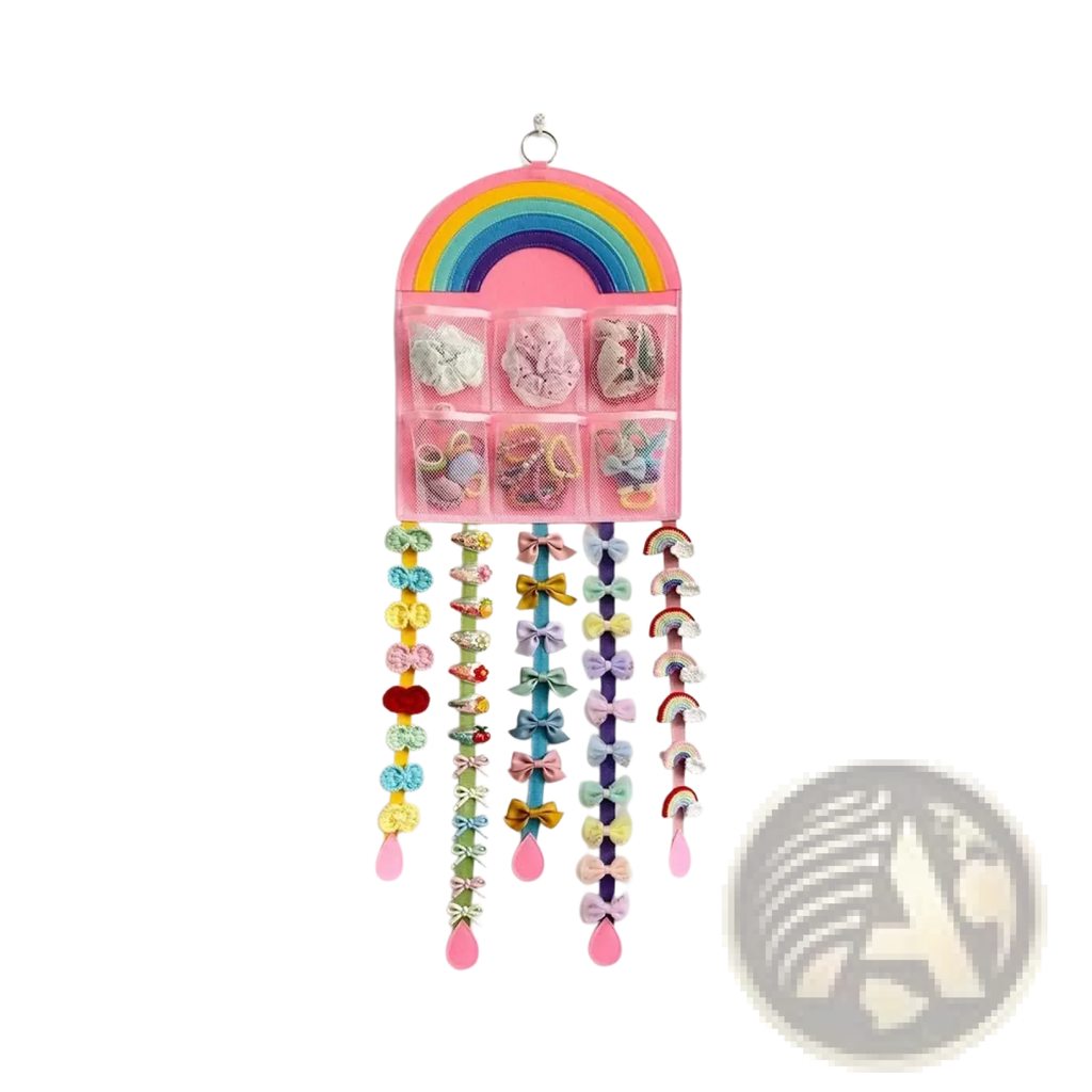 Pink rainbow-themed wall-mounted hair accessory organizer with clear pockets and bow-adorned raindrop charms