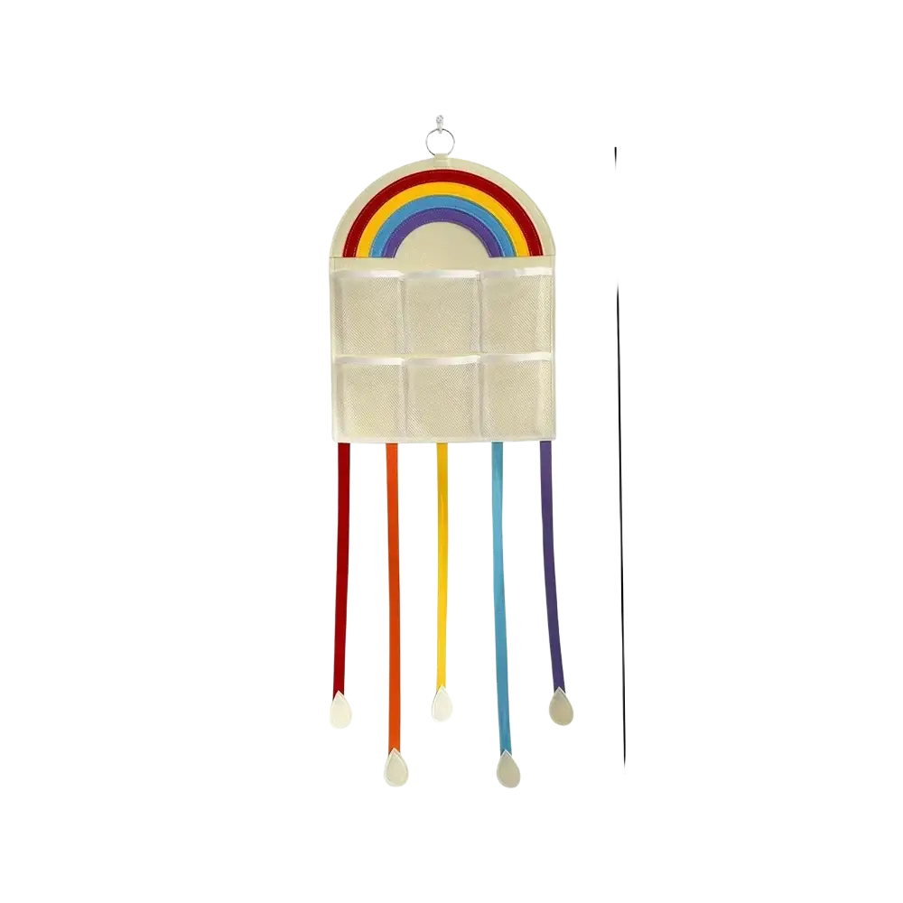 Rainbow hair accessory hanging organizer with beige fabric body, rainbow arch top, and matching colored ribbons below
