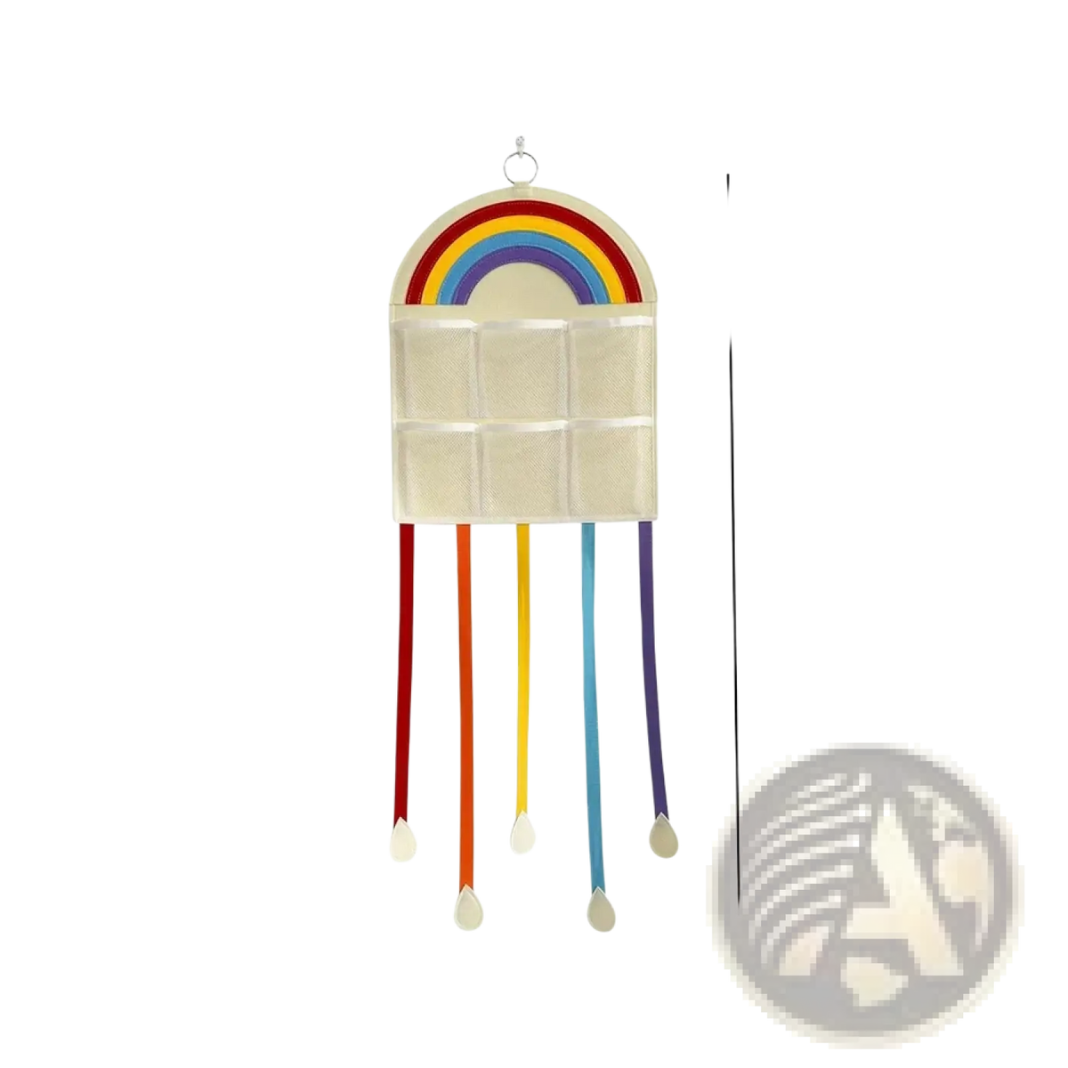 Rainbow hair accessory hanging organizer with beige fabric body, rainbow arch top, and matching colored ribbons below