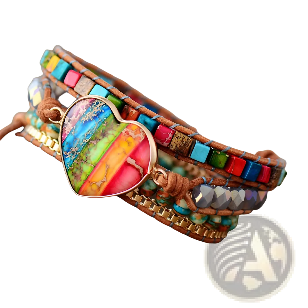 A vibrant leather wrap bracelet with a rainbow heart stone pendant and colorful turquoise beads