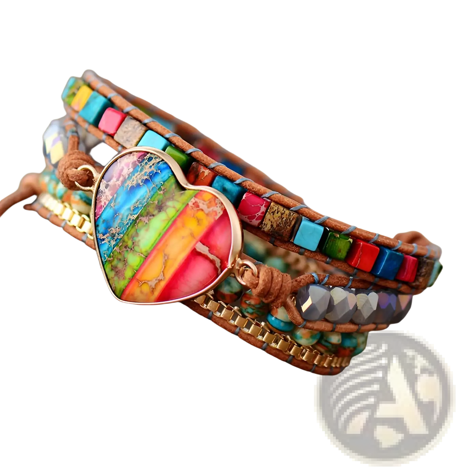 A vibrant leather wrap bracelet with a rainbow heart stone pendant and colorful turquoise beads