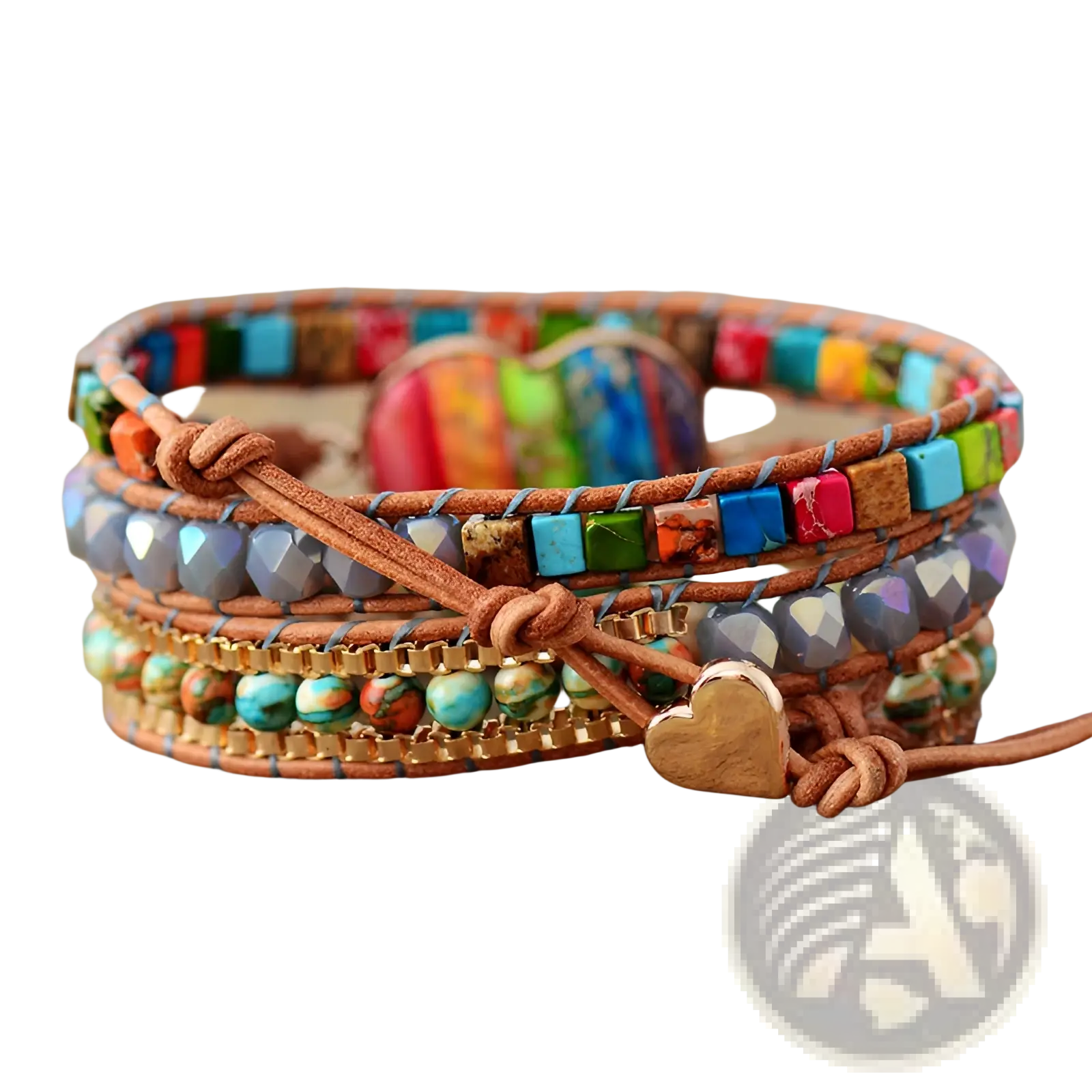 Rainbow Heart Imperial Stone leather wrap bracelet with turquoise and gemstone beads metallic accents and gold heart charm