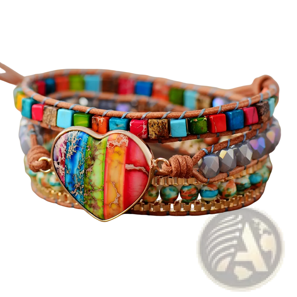 Rainbow heart imperial stone leather wrap bracelet with a rainbow heart pendant and multi-strand colorful bands