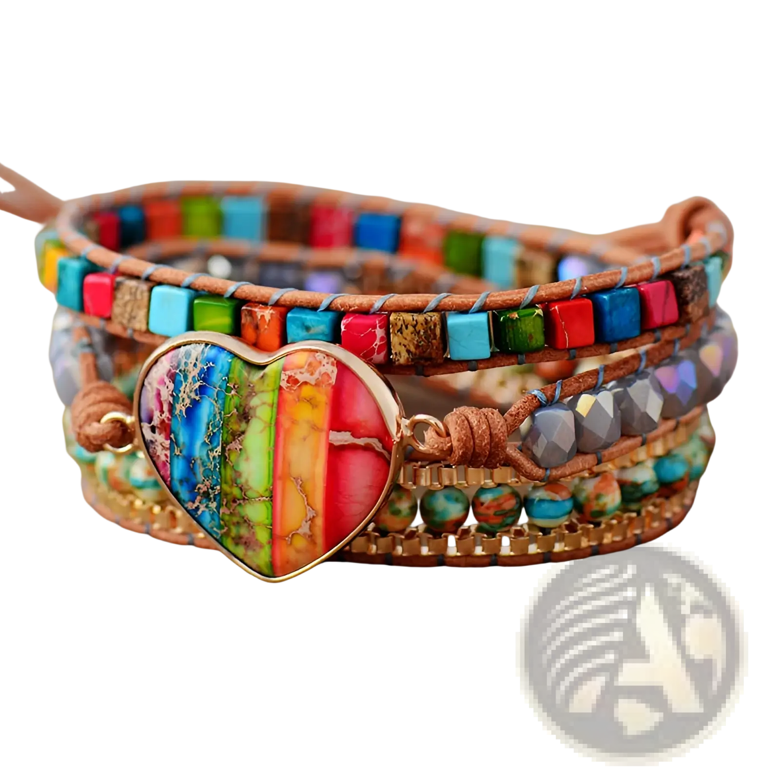 Rainbow heart imperial stone leather wrap bracelet with a rainbow heart pendant and multi-strand colorful bands