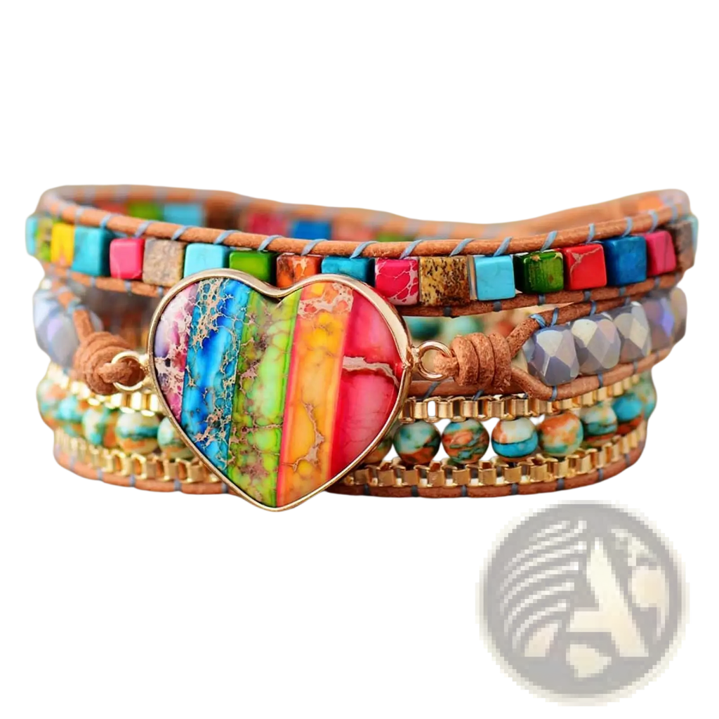 Rainbow heart imperial stone leather wrap bracelet with a central rainbow heart pendant and layered leather and turquoise beads