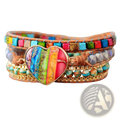 Rainbow heart imperial stone leather wrap bracelet with a central rainbow heart pendant and layered leather and turquoise beads
