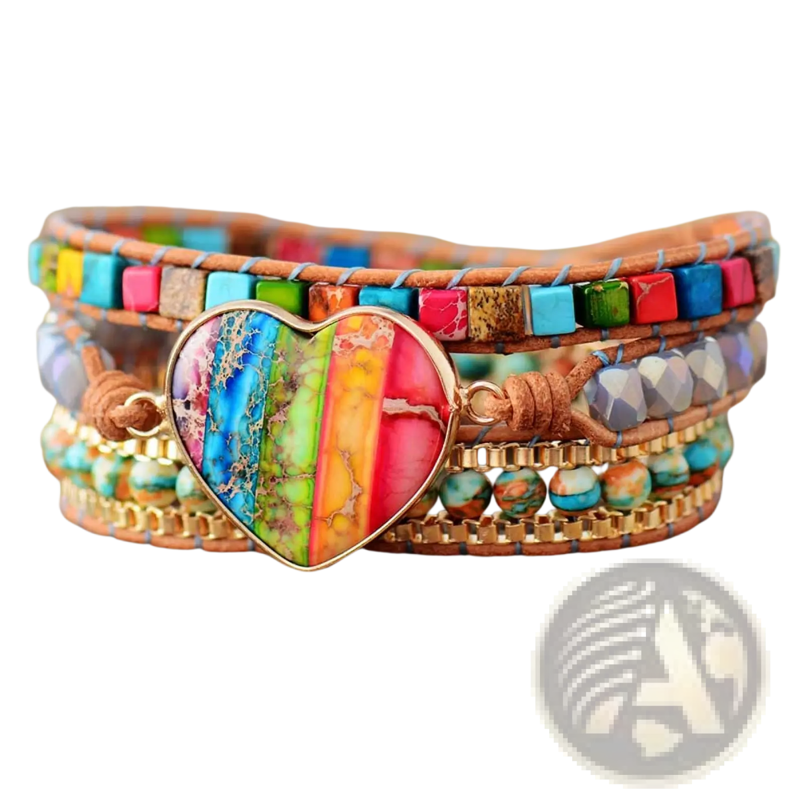 Rainbow heart imperial stone leather wrap bracelet with a central rainbow heart pendant and layered leather and turquoise beads