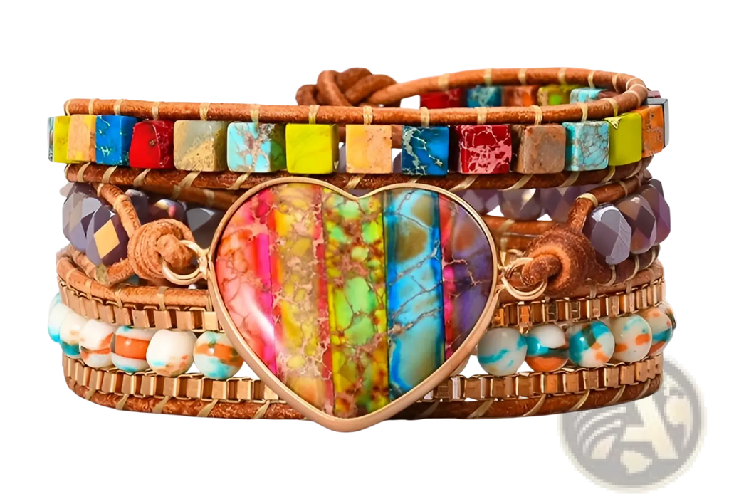 A vibrant rainbow heart imperial stone leather wrap bracelet with gold edges and colorful square beads on brown bands