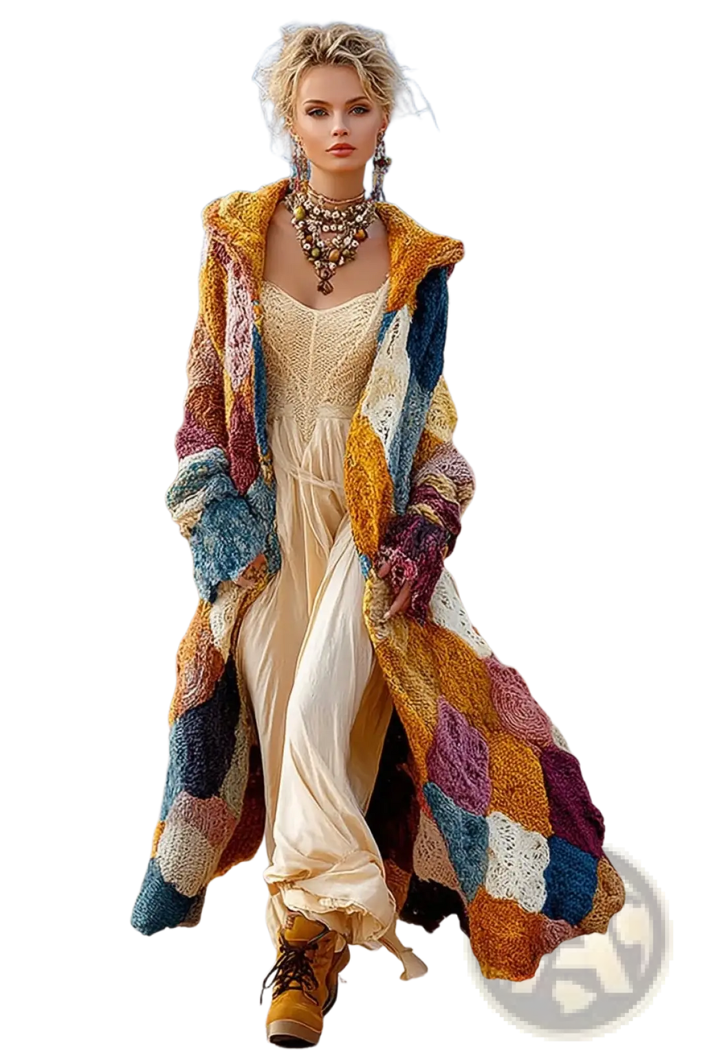 Rainbow hooded patchwork coat featuring a vibrant hand-knitted design in mustard yellow deep blue and burgundy