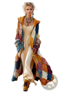 Rainbow hooded patchwork coat featuring a vibrant hand-knitted design in mustard yellow deep blue and burgundy