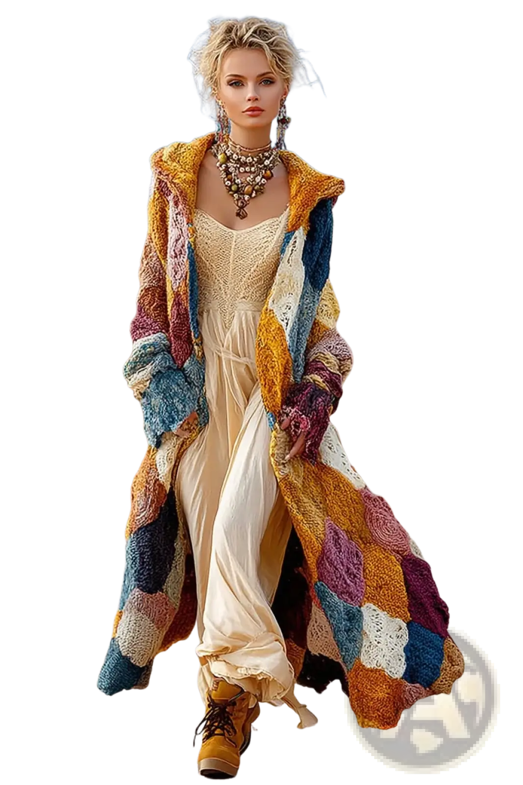 Rainbow hooded patchwork coat featuring a vibrant hand-knitted design in mustard yellow deep blue and burgundy